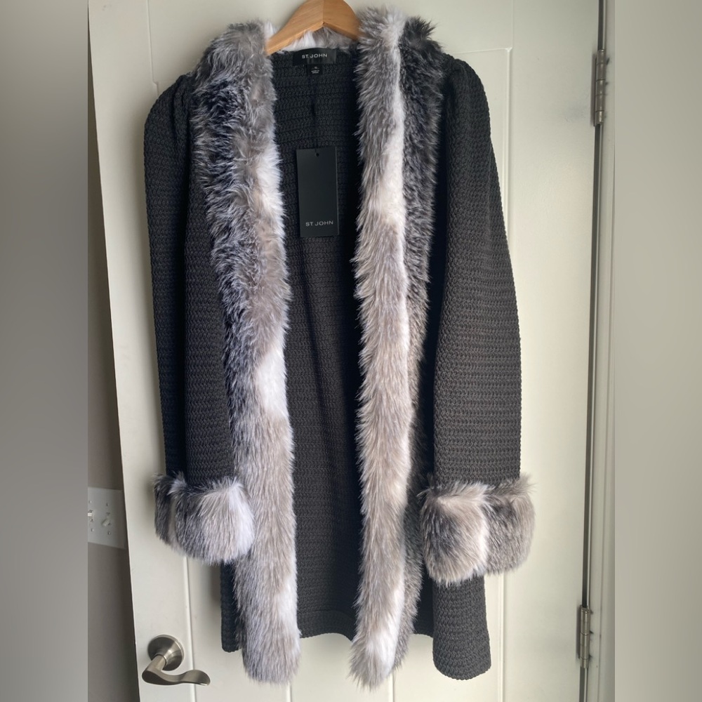 New! St. John faux fur coat/cardigan. Size 12.